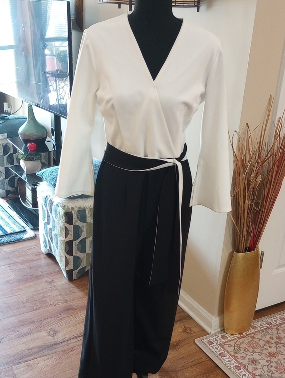 Black & White Wrap Jumpsuit with Tie Waist